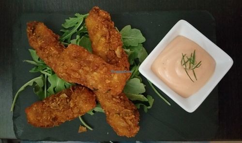 "Chicken-free-Chicken-nuggets" made of tofu I believe. Delicious! at Marsim Bistrobarante in Mallorca
