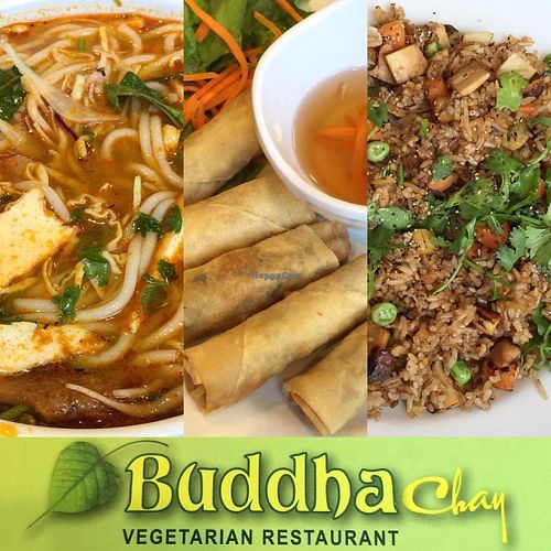 Our most favorite meals are vegetarian spicy Bun Hue soup, Vegetarian spring rolls ($4 for 6), Vegetarian fried rice with five difference type of mock meats, tofu and olive leaf ($8 tax included). at Buddha Chay in Toronto