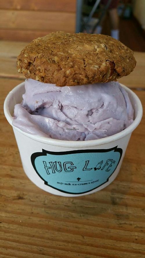 One scoop of Taro Ice Cream... Cookie on top - special on the house! at Hug Life in Garden Grove