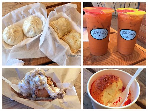 steamed buns, meat pies, Thai iced teas, ice cream taco, and a scoop of mango chamoy  at Hug Life in Garden Grove