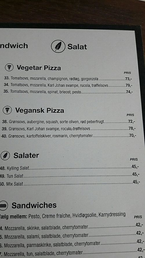 Vegan part of menu at Kolonial 2100 Pizzeria in Copenhagen