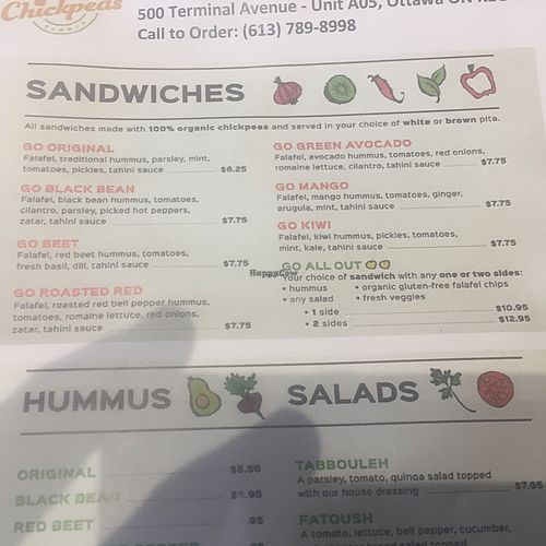 menu at Chickpeas in Ottawa