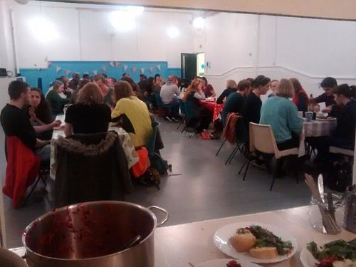 Crowd back at Kinning Park Complex at Vegan People's Kitchen in Glasgow