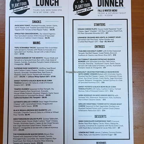 lunch and dinner menus at Plant Food Supper Club in Idyllwild