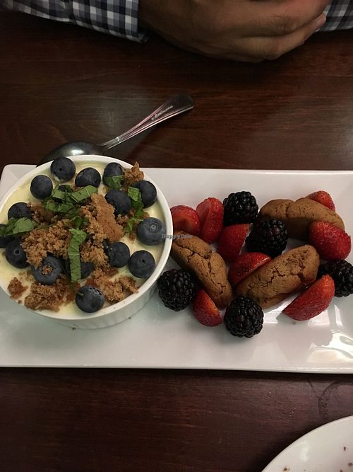 Lemon custard with cookies and berries  at Plant Food Supper Club in Idyllwild