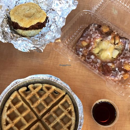 Hot chickn biscuit, apple fritter and waffle w maple syrup at The Southern V in Nashville