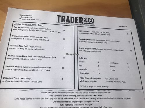 Menu at Trader & Co in Yass