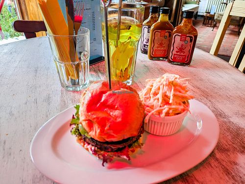 Burger and coleslaw and Ginger Tea at Lia's Kitchen at Lia's Kitchen in Berlin
