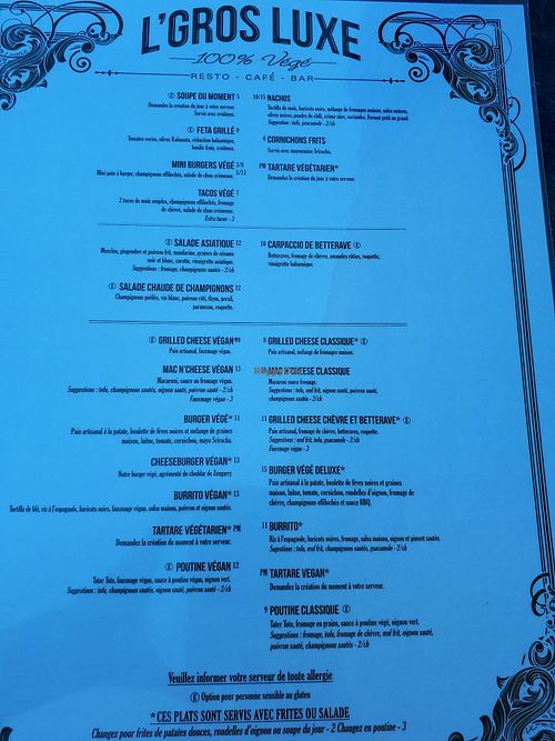 Menu 100% vege avec les options veganes at L'Gros Luxe in Quebec