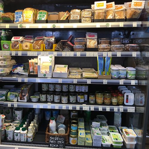 Top shelf is vegan savouries, second shelf is vegan snacks - amazing! at bio&bio - Morpurgova in Split