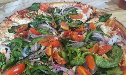 vegan cheese with spinach, onions, peppers and tomato. at Blaze Pizza in Newark