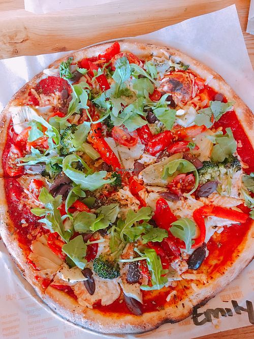 Vegan Blaze Pizza that’s customized by yourself; full of veggies, soy cheese, and vegan crust at Blaze Pizza in Newark