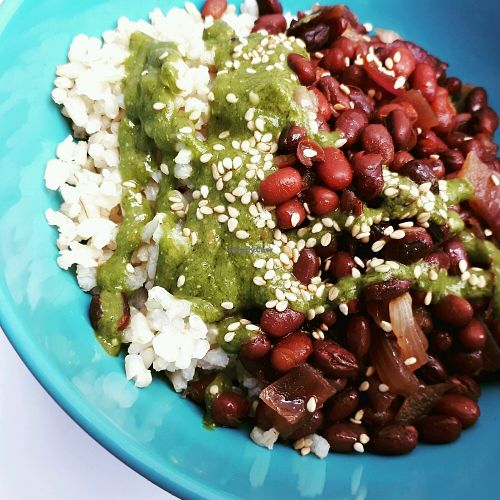 Sweet & Sour beans with pesto rice at La Ola Verde in Lanzarote
