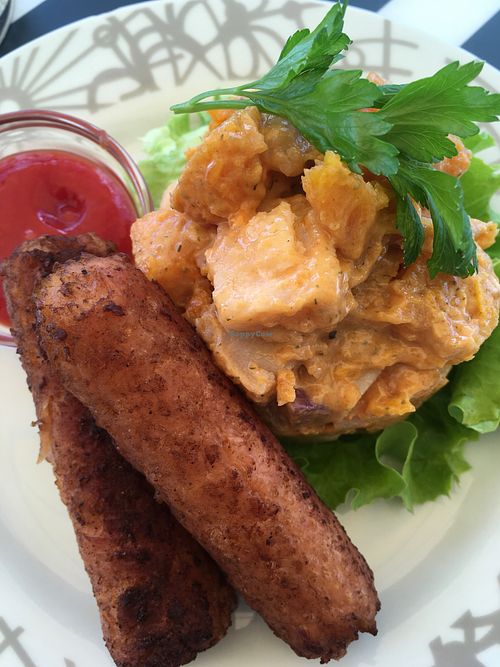 Sausages and potato salad  at La Ola Verde in Lanzarote