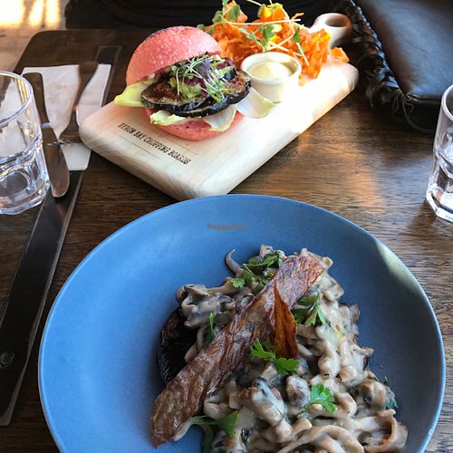 burger with sweet potato chips and fettuccine  at The Beet in Byron Bay