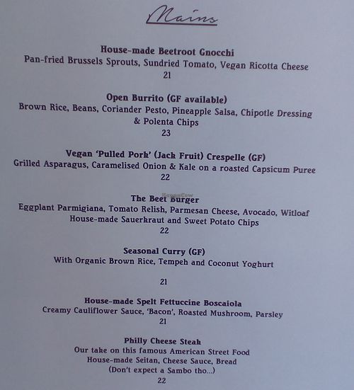 The Beet menu - mains at The Beet in Byron Bay