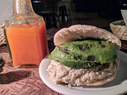 Arepa with avocados and chocho hummus at La Oficina in Quito