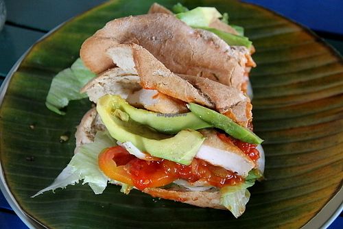 Baguette with bean "falafel", tomato chutney and extra avocado.  at Bale Sampan in 