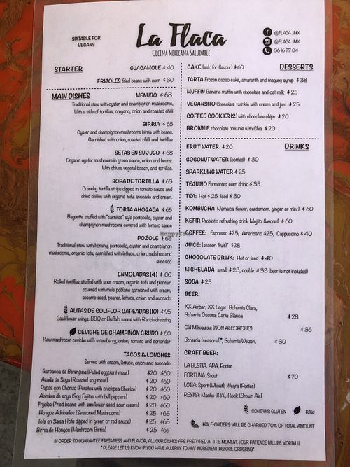 Menu in English at La Flaca - Americana in Guadalajara