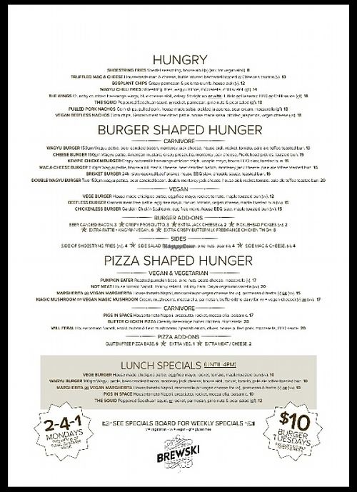 menu at Brewski in Brisbane