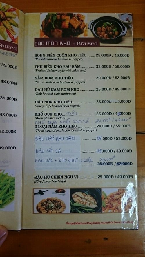 Menu at Sala in Phan Rang