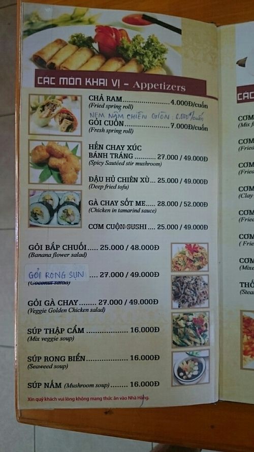 Menu at Sala in Phan Rang