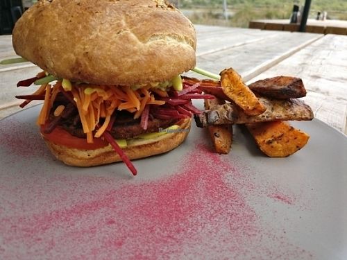 black bean burger with avo,  salad and an amazing cashew hollandaise  at Onda Food House in Aireys Inlet