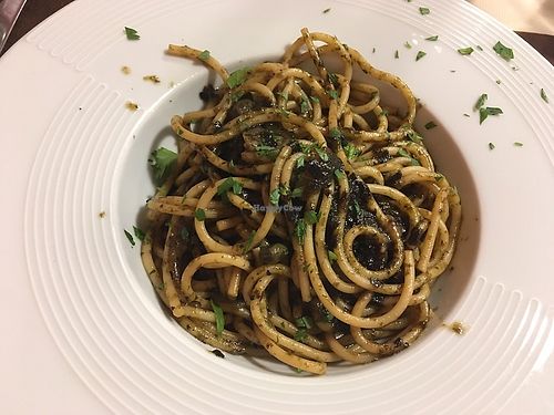 Bigolli in salsa (seaweed, olives, capers)  at La Tecia Vegana in Venice