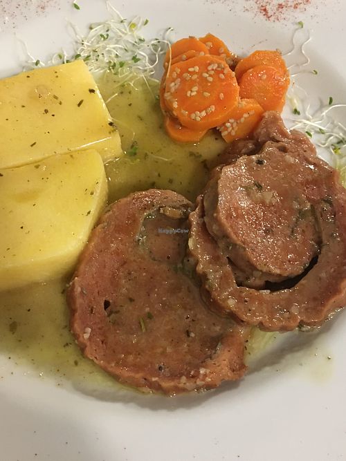 Homemade seitan with carrots and polenta  at La Tecia Vegana in Venice