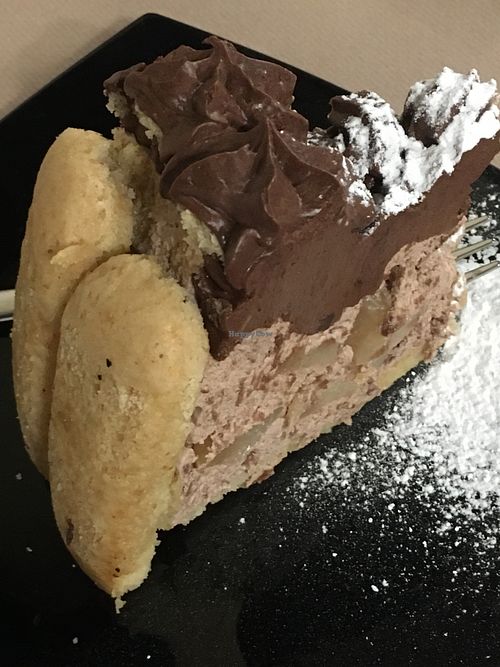 Pear and chocolate Charlotte cake  at La Tecia Vegana in Venice