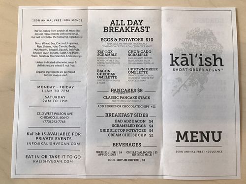 menu at Kal'ish in Chicago
