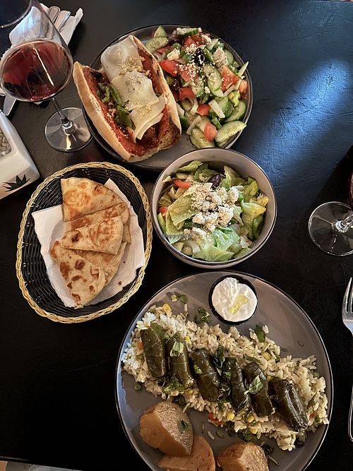 Meatball sub (secret menu) with garden salad; dolmades dinner with Greek salad  at The Lemon Tree in St Catharines