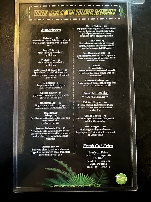 Dinner menu  at The Lemon Tree in St Catharines