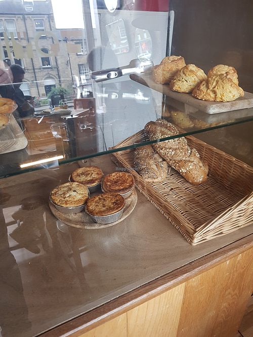 Vegan sausage and bean pies & bread at McNab's in Barnard Castle