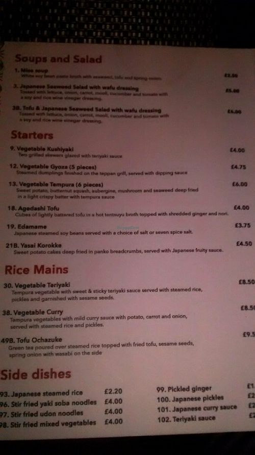 Vegan menu at Nippon Kitchen in Glasgow