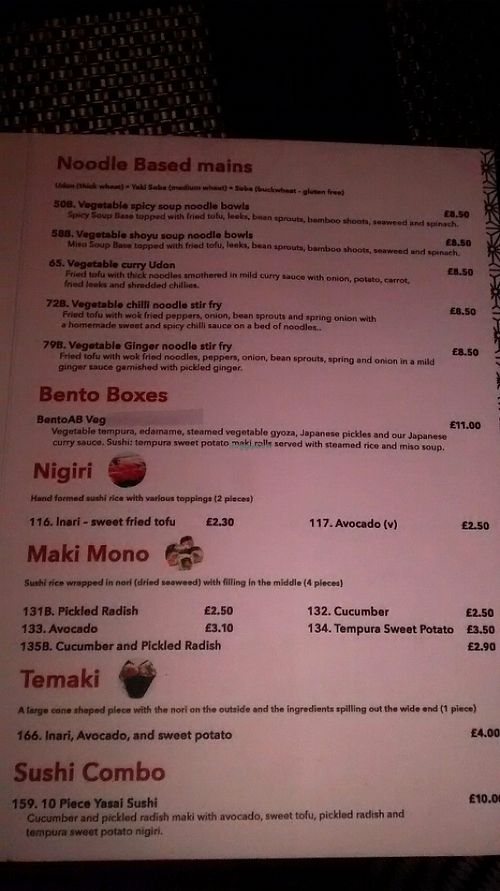 Vegan menu at Nippon Kitchen in Glasgow