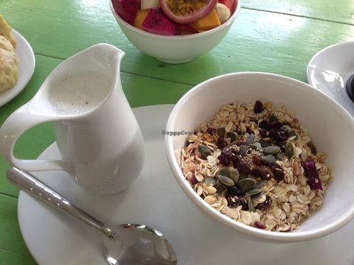 Superfood muesli with cashew milk at Peace Food Cafe in Sihanoukville