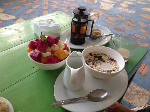 Chai Masala with Cashew milk // fruit salad // crunchy muesli with cashew milk at Peace Food Cafe in Sihanoukville