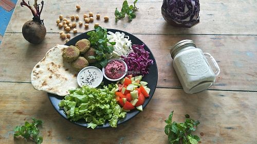 DIY homemade FALAFEL plate! with delicious beetroot hummus and cashew zaziki!!  at Peace Food Cafe in Sihanoukville