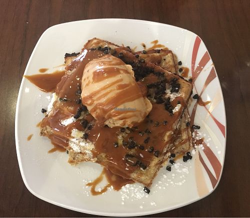 Vegan waffles, salted fig and apple vegan 'ice cream', speculoos sauce & chocolate cookie topping at Affogato  in Edinburgh