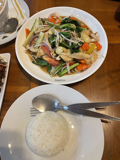 Tofu and vegetable stir fry with white rice  at No.9 2nd Restaurant in Phuket