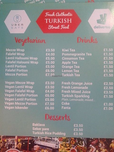 Menu options at Fez Food in Newcastle Upon Tyne