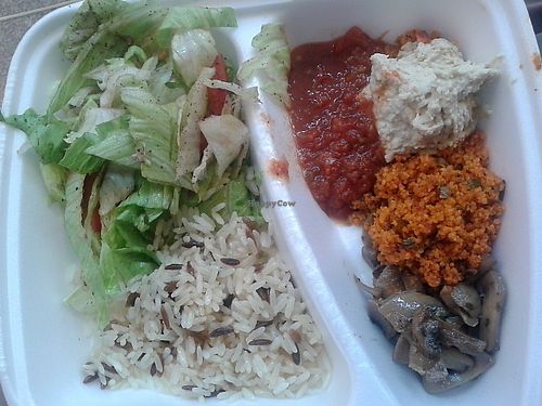 Vegan Iskender - wild rice, salad, hummus, cous cous, mushrooms and dip at Fez Food in Newcastle Upon Tyne