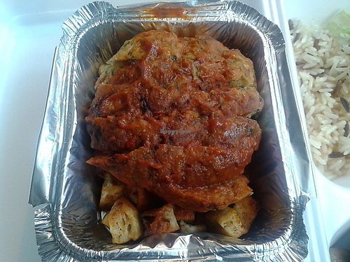 Vegan Iskender - toasted wrap pieces, falafel and sauce at Fez Food in Newcastle Upon Tyne