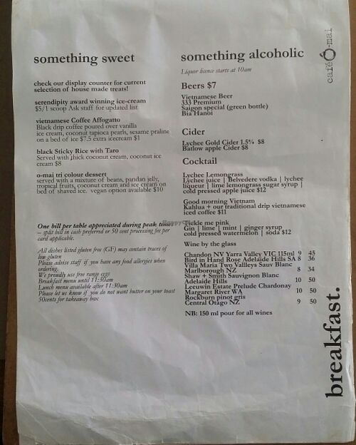 breakfast menu 3 at Cafe O Mai in Annerley