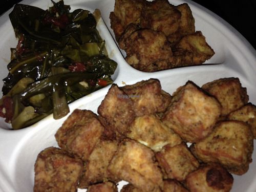 fried tofu and collard greens from hot bar at Whole Foods Market in Duluth