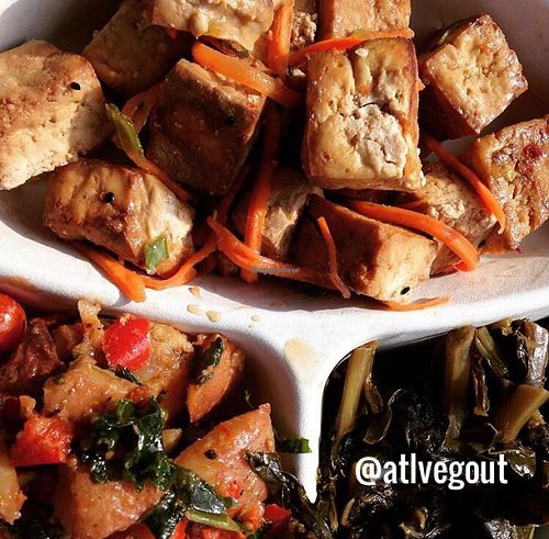 Asian tofu, potatoes with kale and spicy collards at Whole Foods Market in Duluth