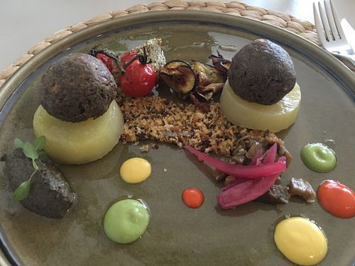 soy-protein balls, peppers, tapanade at ONA in Ares