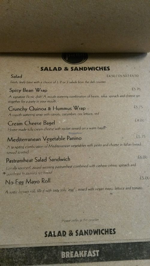 Salad and sandwich menu at Picnic in Glasgow