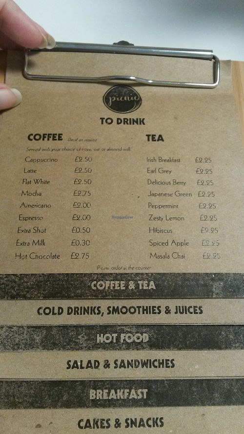 Hot drinks menu at Picnic in Glasgow